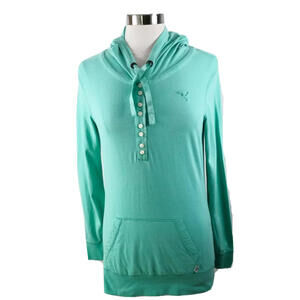 PUMA Womens Cotton Long Sleeve Solid Turquoise Henley Hoodie Sweater Blouse M